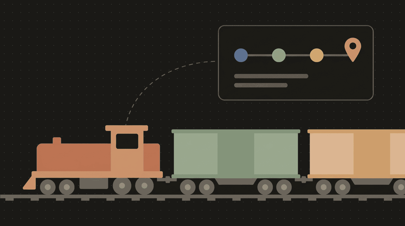 Flat illustration: a freight train with two container cars reporting live shipment status to a floating tracking dashboard card