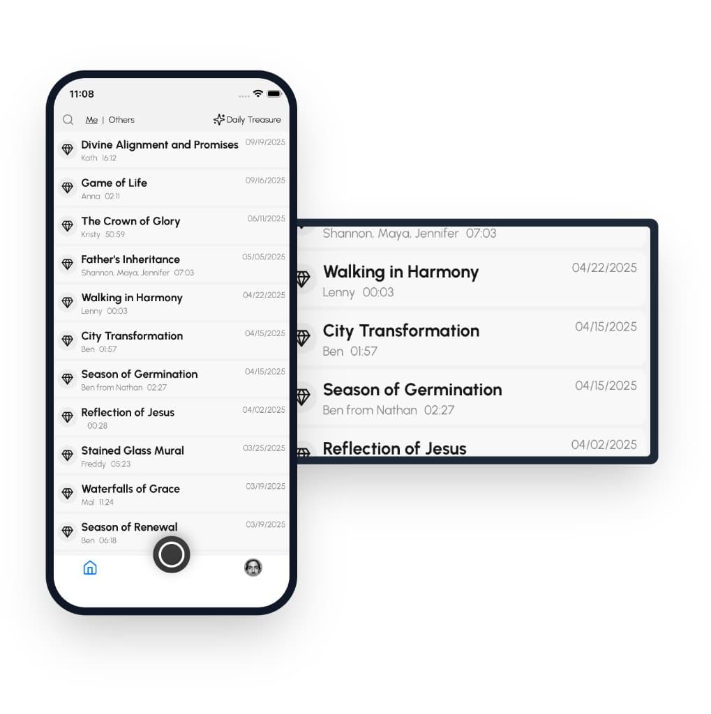 Gleam app UI: list of entries with titles, speakers, and dates on iPhone