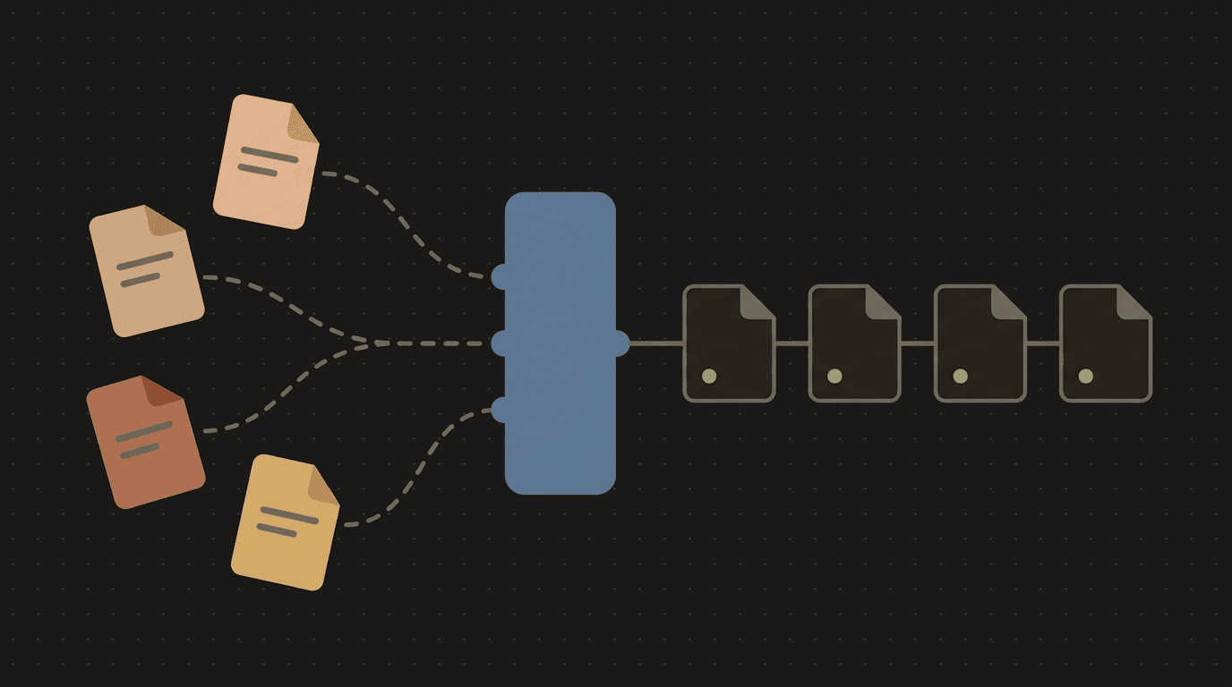 Flat illustration: scattered documents feeding a single pipeline and exiting as one uniform row