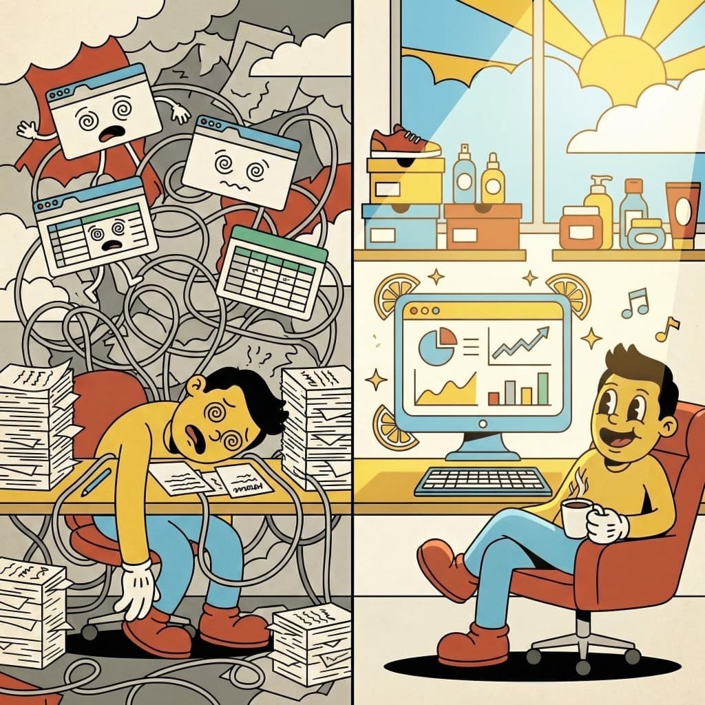 Split illustration: overwhelmed operator buried in paperwork and tangled wires versus the same person relaxed at a clean desk with charts and lemon-branded dashboard