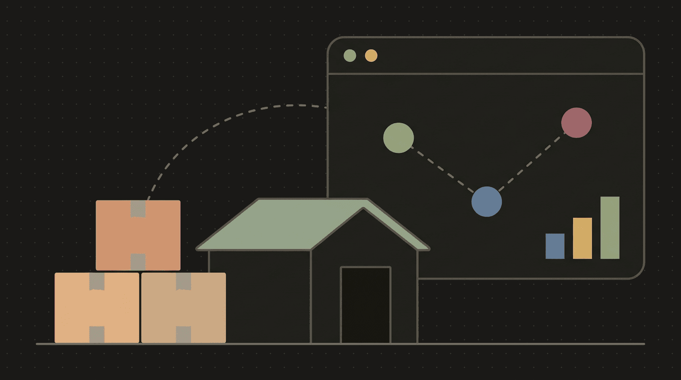 Flat illustration: stacked boxes and a warehouse consolidating into one dashboard panel