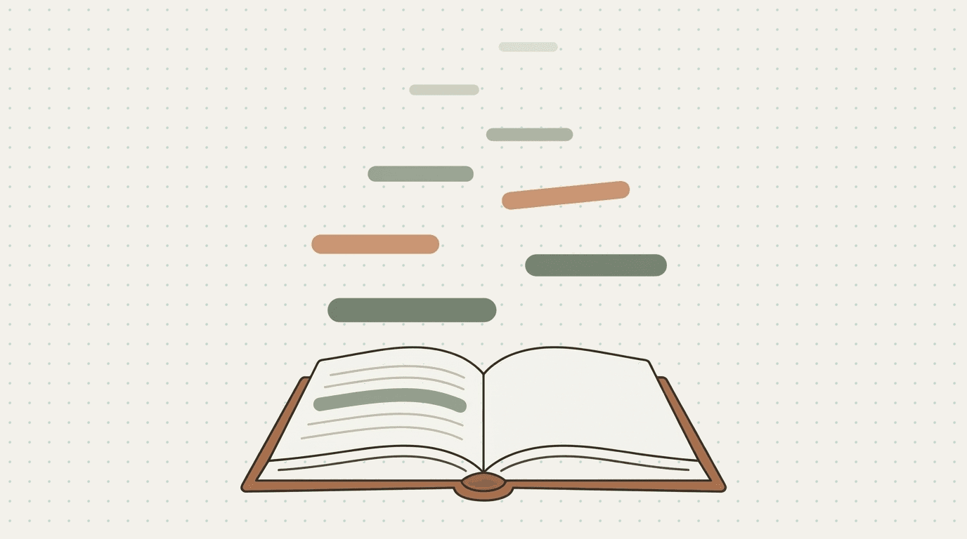 Flat illustration: highlighted passages floating up out of an open book