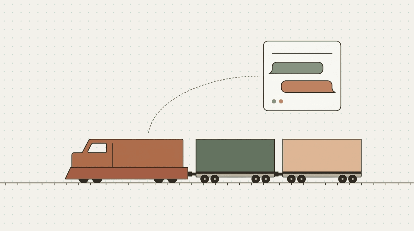 Flat illustration: a freight train with two container cars reporting to a floating app card