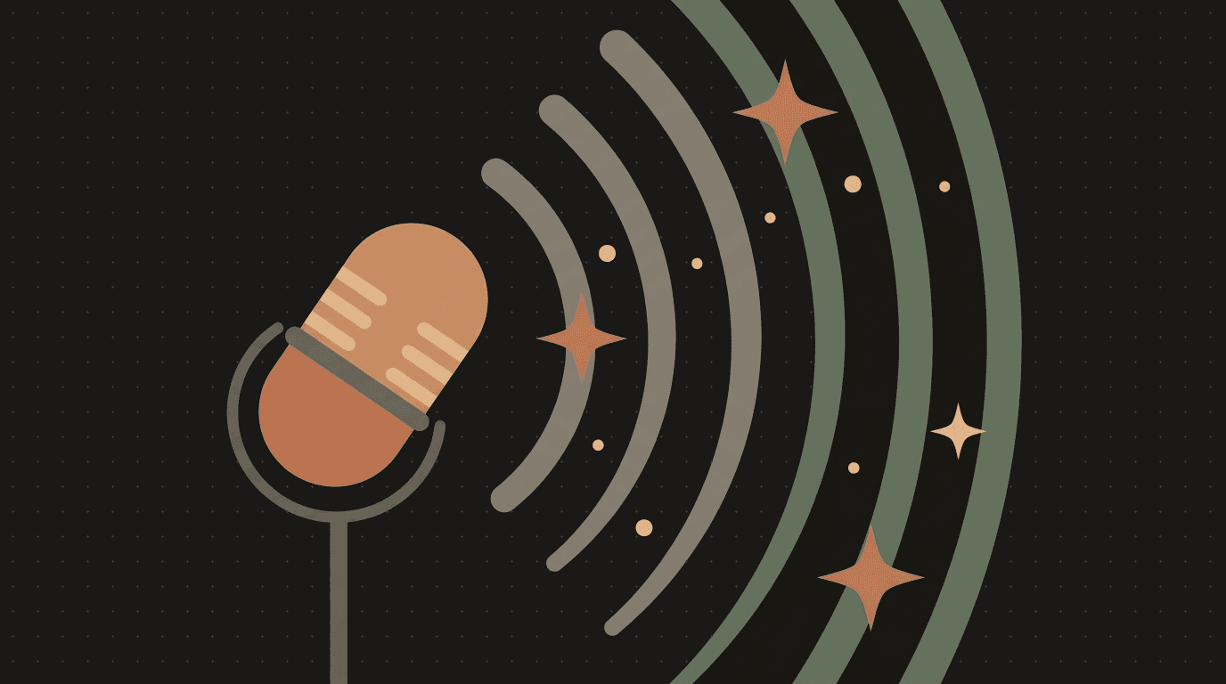Flat illustration: a microphone radiating wide sound arcs with sparkles among them