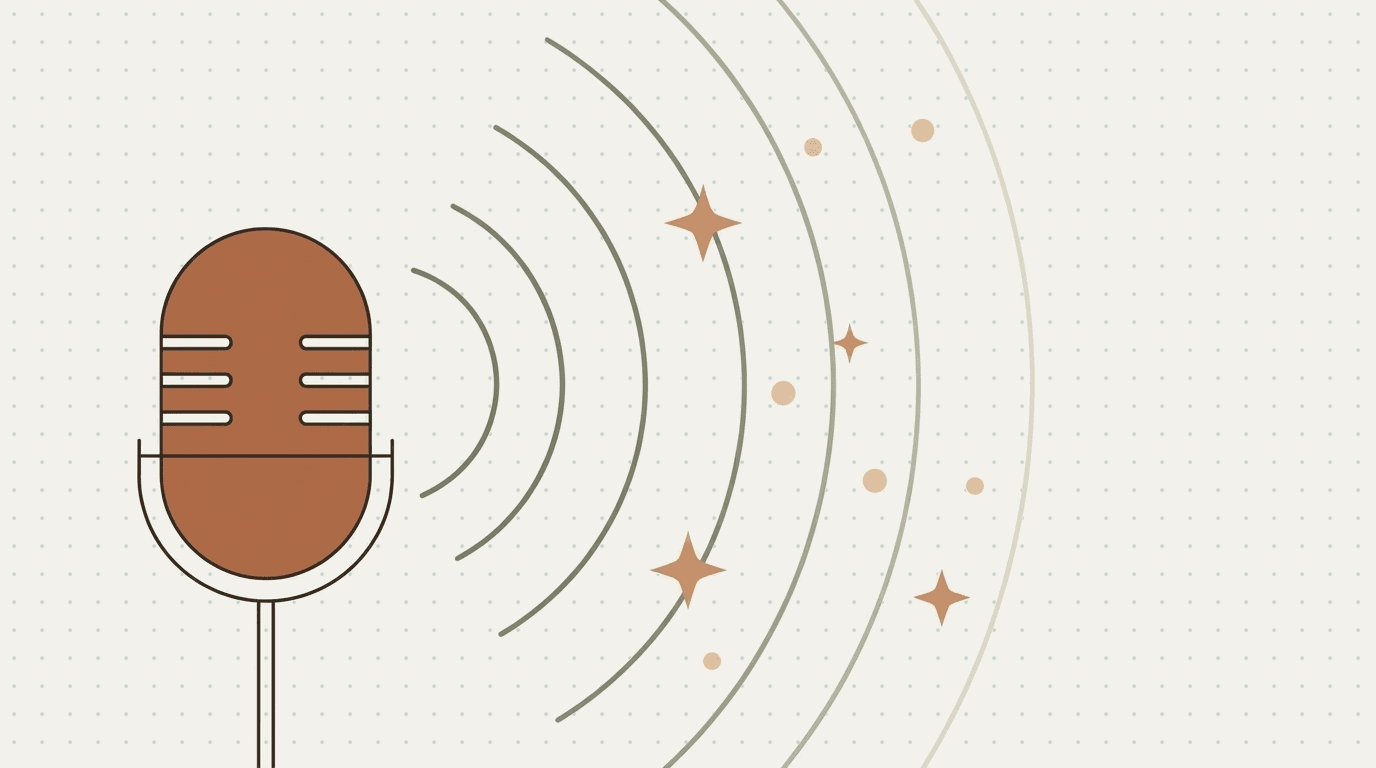 Flat illustration: a microphone radiating wide sound arcs with sparkles among them