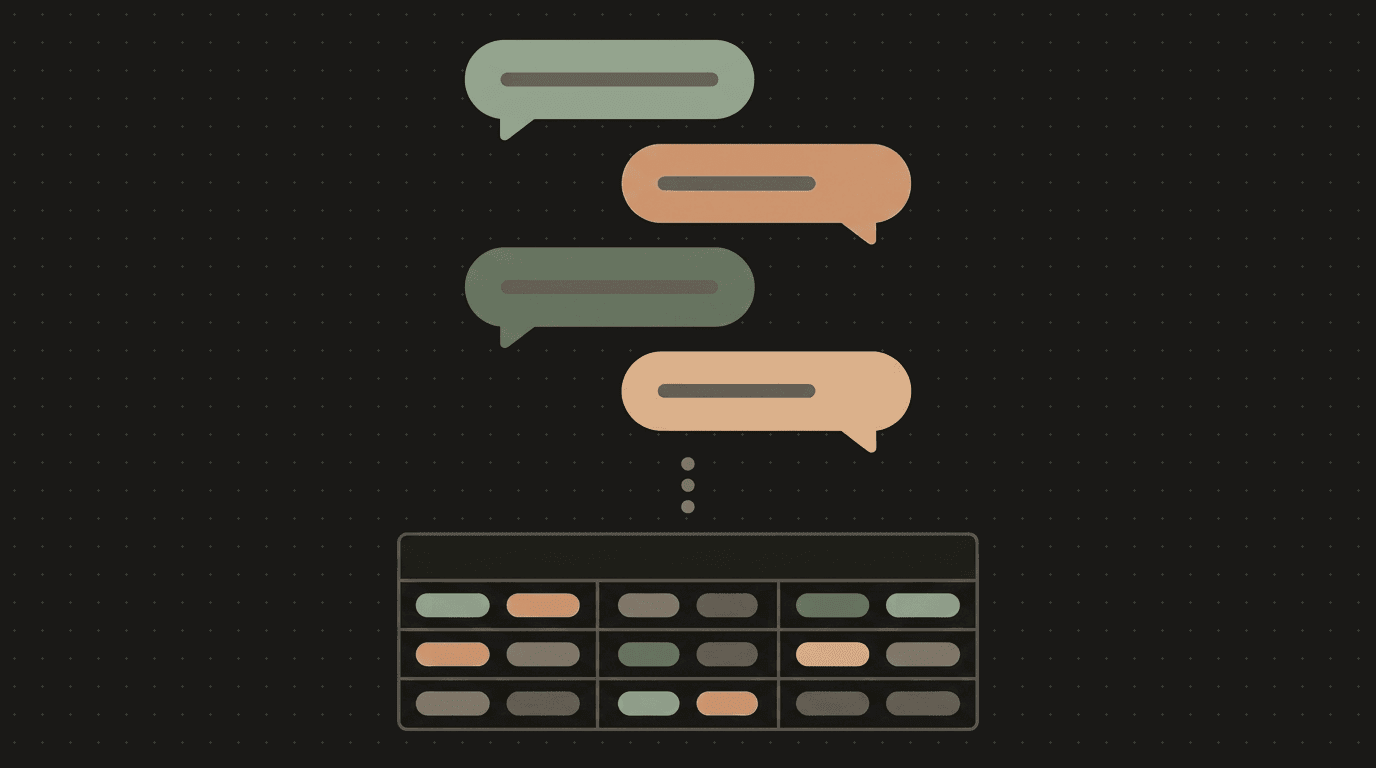 Flat illustration: chat bubbles cascading downward into ordered table rows