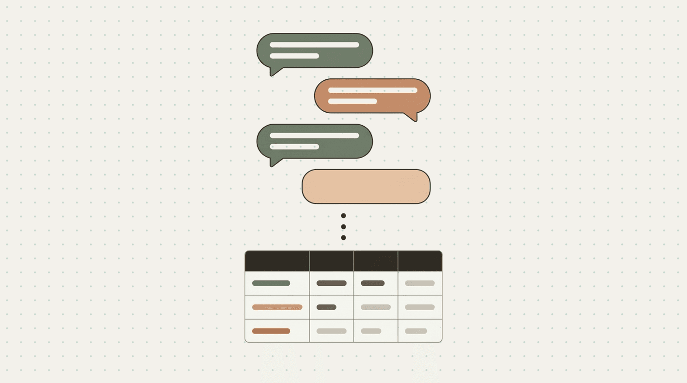 Flat illustration: chat bubbles cascading downward into ordered table rows