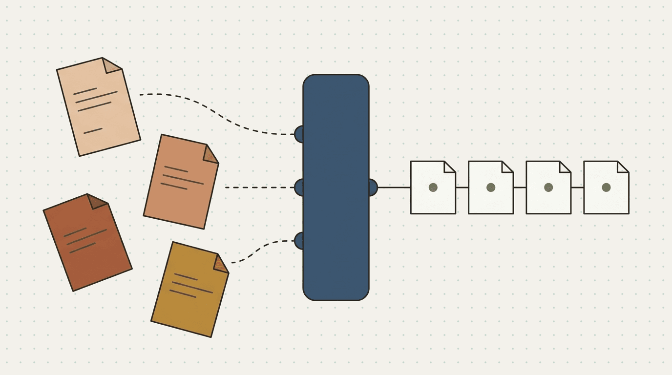 Flat illustration: scattered documents feeding a single pipeline and exiting as one uniform row