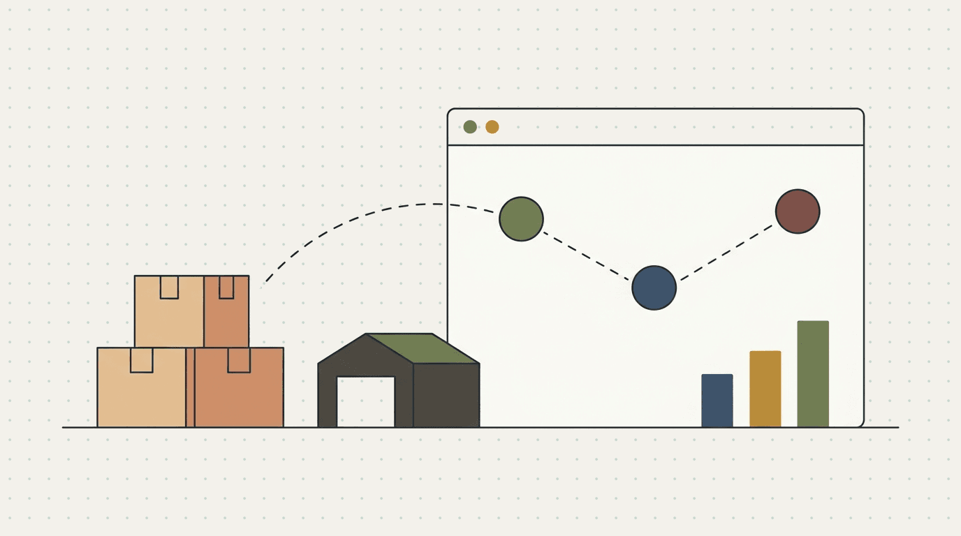 Flat illustration: stacked boxes and a warehouse consolidating into one dashboard panel