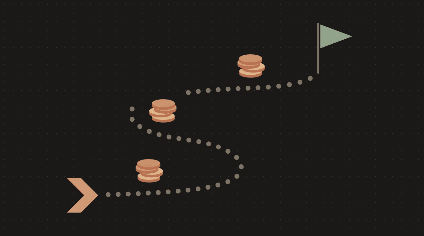 Flat illustration: a winding dotted trail from a terminal prompt to a flag, with coin stacks along the way