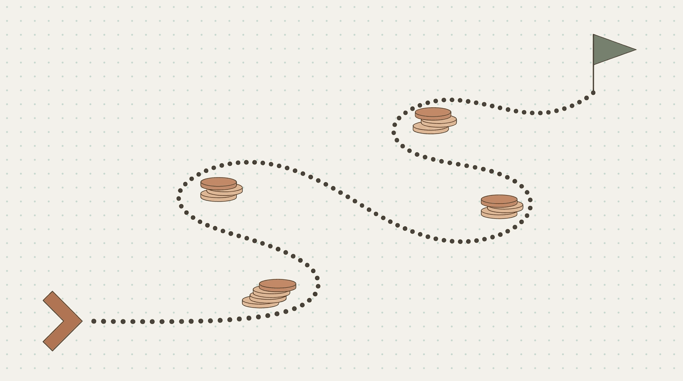 Flat illustration: a winding dotted trail from a terminal prompt to a flag, with coin stacks along the way